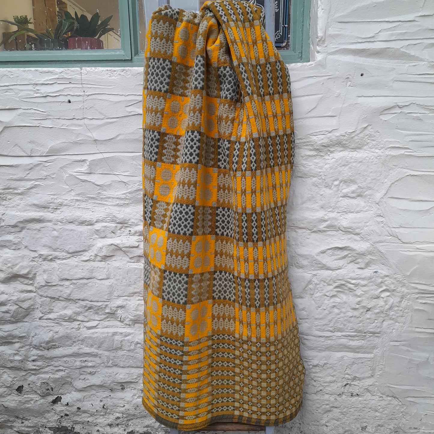Antique Handmade Welsh Wool Tapestry Blanket in Sage Green & Orange