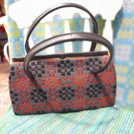 Vintage Welsh Tapestry Handbag in Red Charcoal Grey & Black