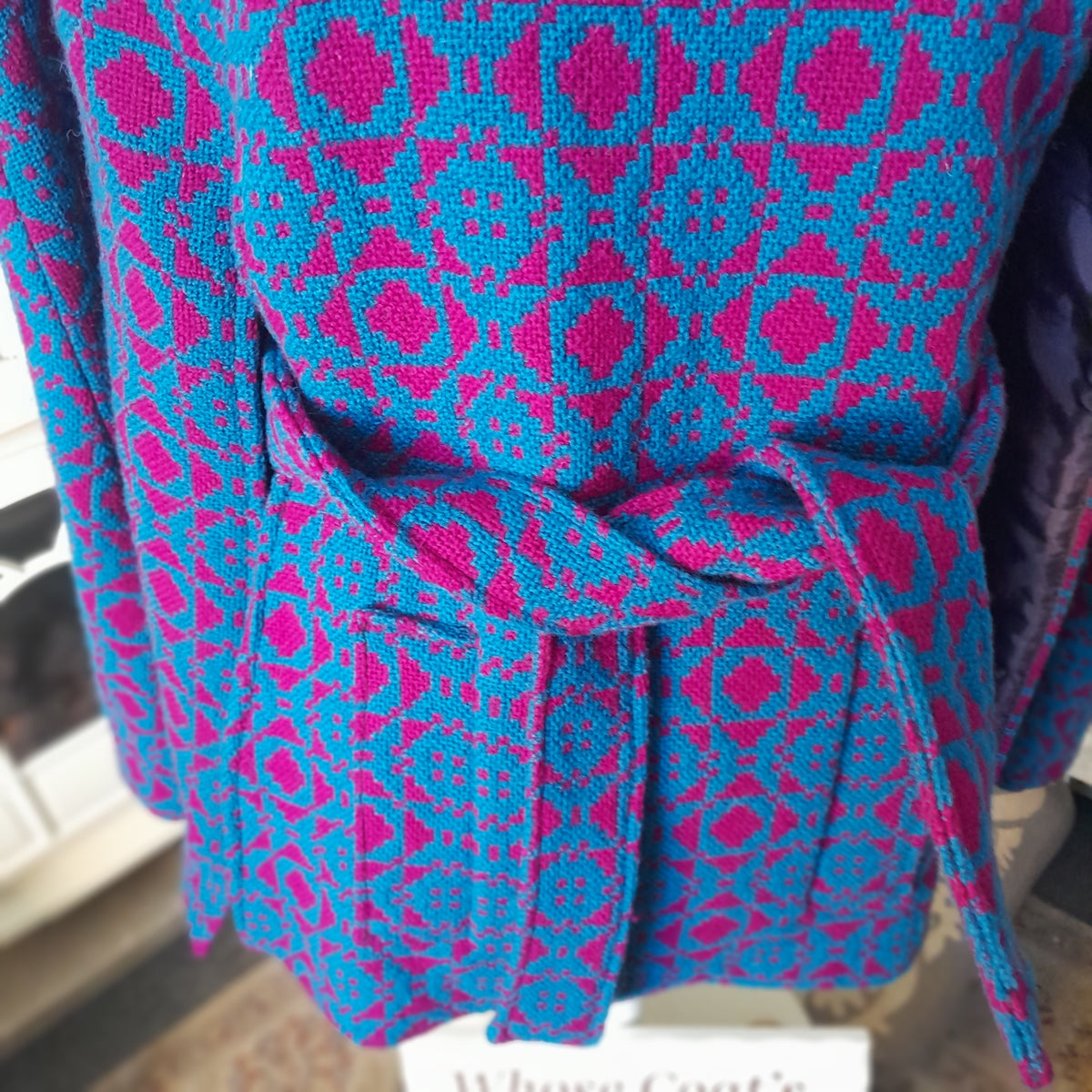 Vintage Welsh Tapestry Cape/Poncho in Dark Cerise Pink & Bright Blue Size 12/14
