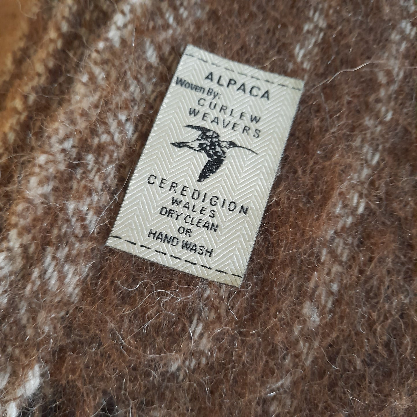 Welsh Blanket in Natural Brown Alpaca Wool Cream Stripe Hand Woven by Curlew Weavers