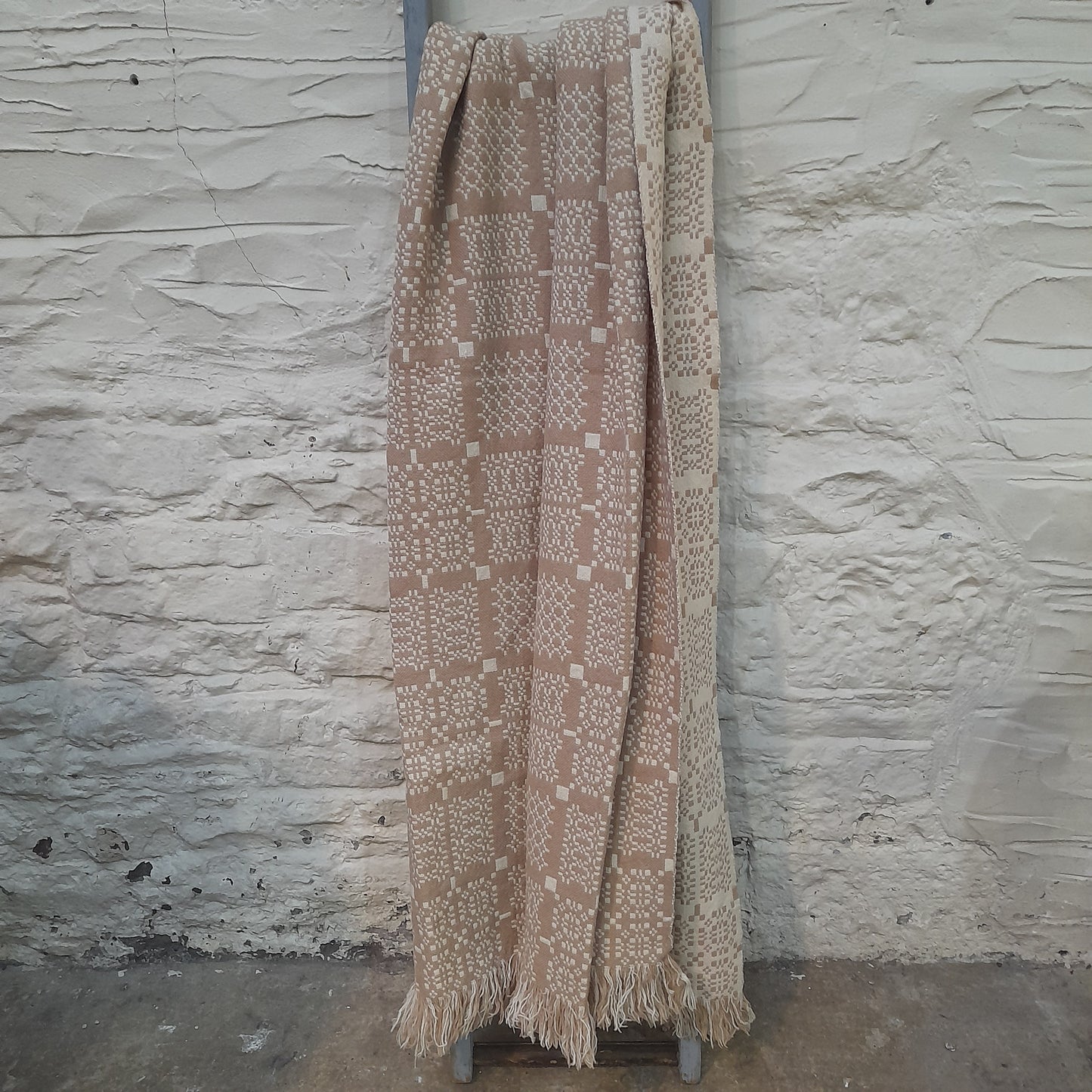 Vintage Welsh Tapestry Blanket in Taupe & Cream in Melin Tregwynt 'Knot Garden' Design