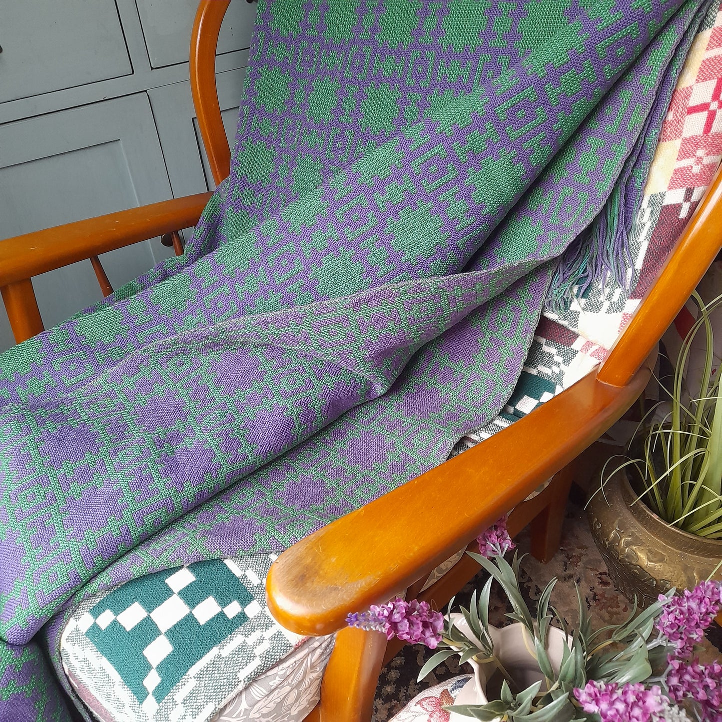 RARE Vintage Welsh Tapestry Blanket in Bright Green & Purple Woven by Arthur Morus Dolwerdd Mill