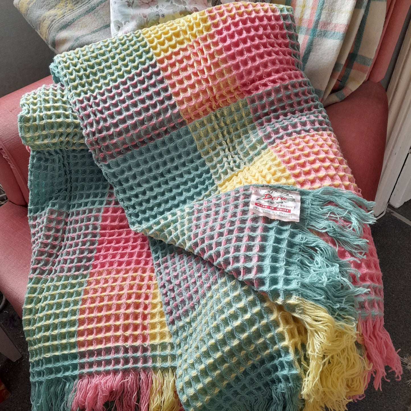 Vintage Welsh Wool Waffle Honeycomb Blanket in Rainbow Colours Pink Green Blue & Yellow by Derw Mill King Size