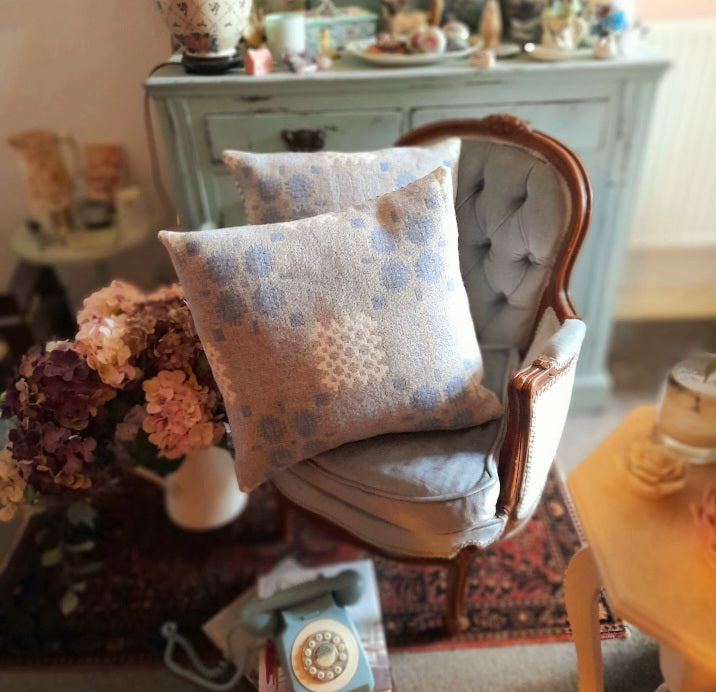 Pair of Welsh Tapestry Blanket Cushions in Pale Blue Grey & White Limited Edition 18"