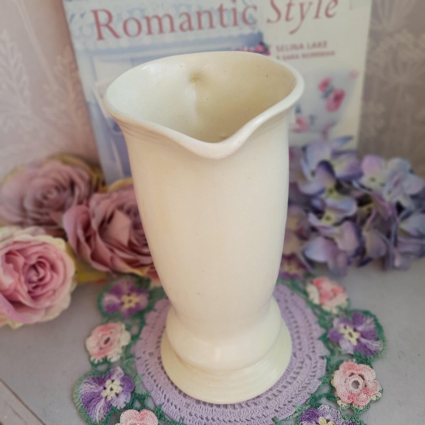 Vintage Art Deco Cream Ceramic Pitcher Vase, Elegant Footed Jug