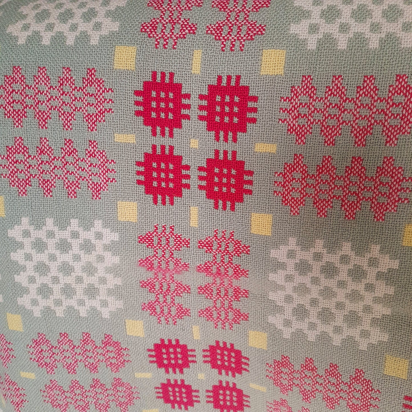 Vintage Welsh Tapestry Blanket in Sage Green, Raspberry Pink, Yellow & White King Size