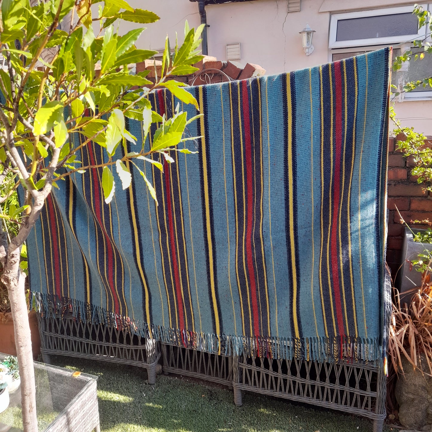 Welsh Blanket in Teal With Red Black & Yellow in Narrow Loom Stripe