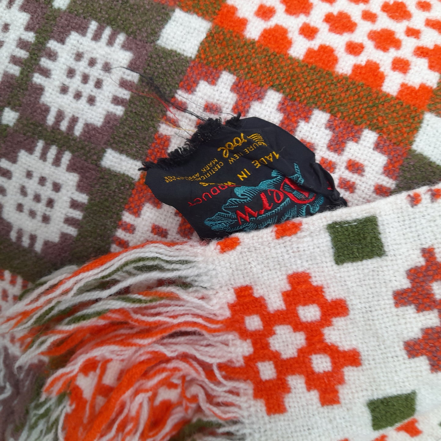 Vintage Welsh Tapestry Blanket in Cream Orange & Olive Green by Derw Mill