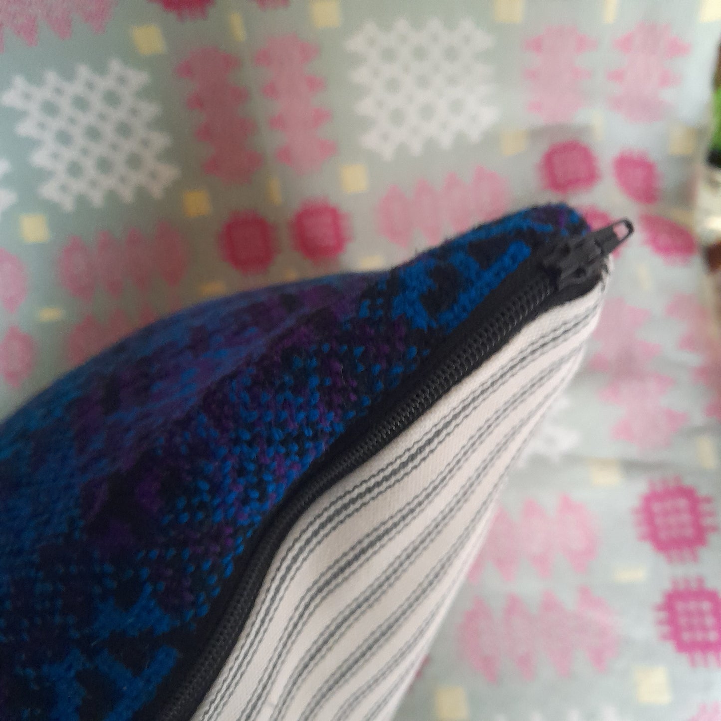 PAIR Handmade Cushions Made From Vintage Welsh Tapestry Fabric in Bright Blue, Purple & Black 18"