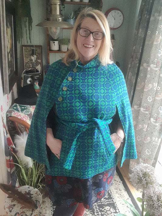 Vintage Welsh Tapestry Cape in Bright Blue & Green