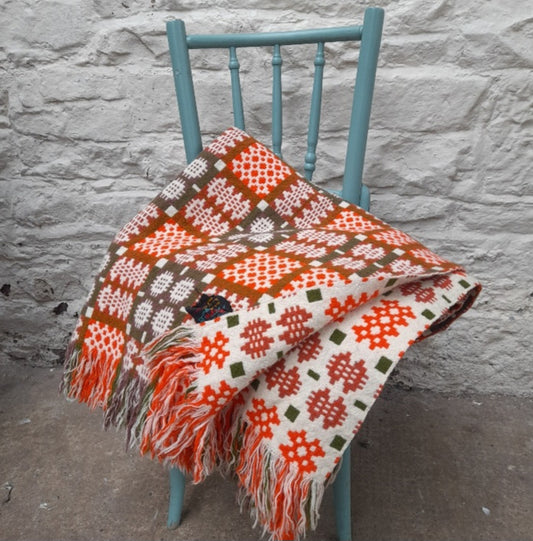 Vintage Welsh Tapestry Blanket in Cream, Orange, Olive Green & Brown King Size