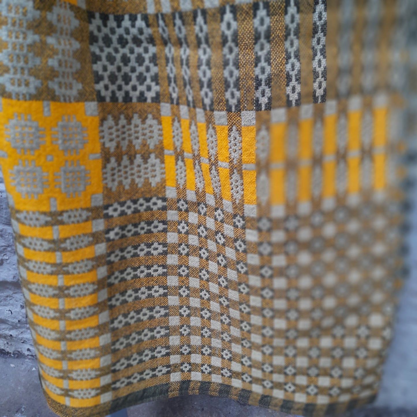 Antique Handmade Welsh Wool Tapestry Blanket in Sage Green & Orange