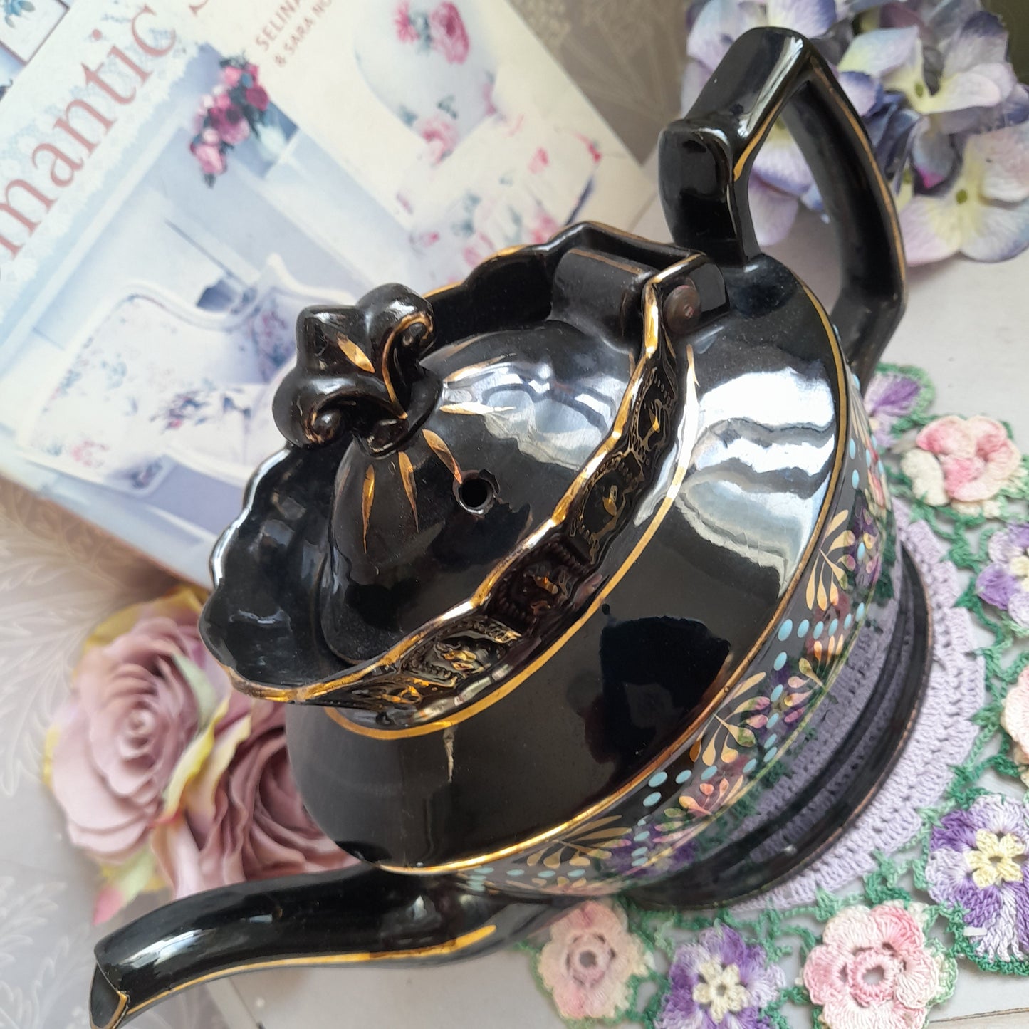 Antique Victorian Jackfield Black Handpainted Jet Ware Teapot With Hinged Lid Unused