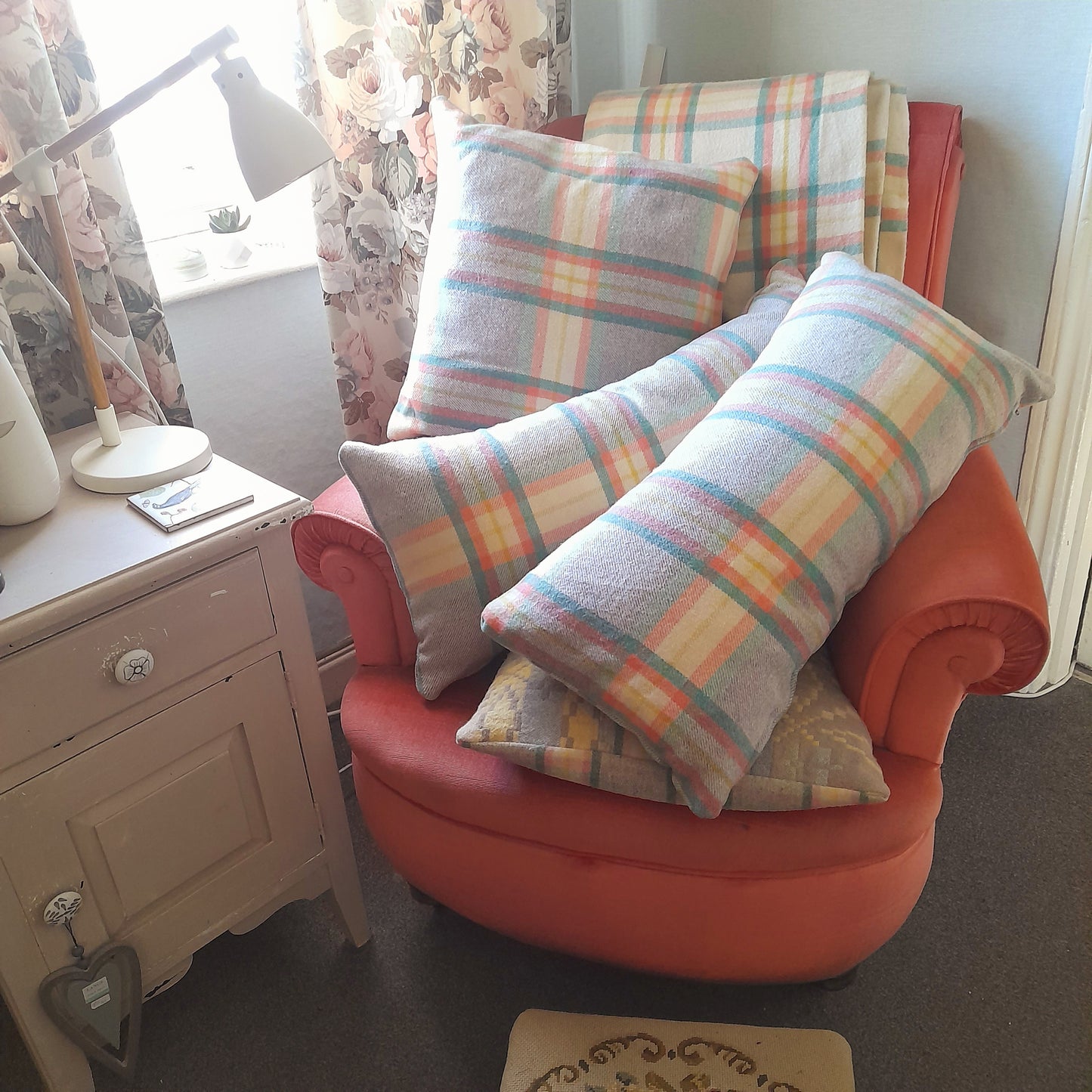 Welsh Wool Cushions Made From A Vintage Blanket in Grey Peach Cream & Green Check 20"