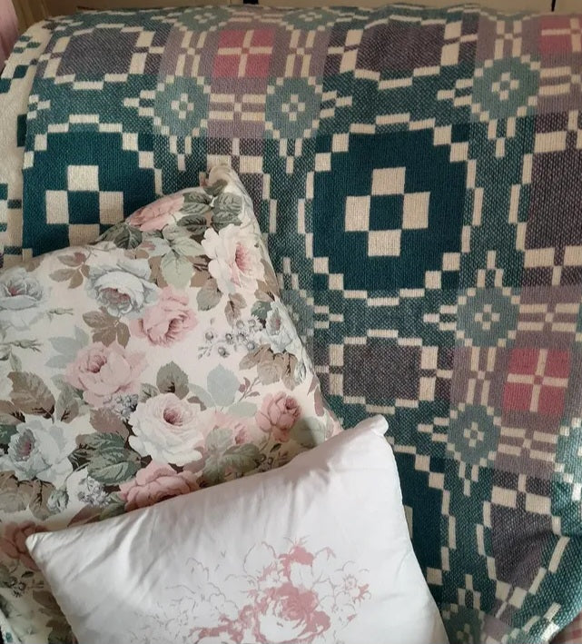 Vintage Welsh Tapestry Blanket in Shabby Chic Teal & Pink on Cream by Trefriw Woollen Mill