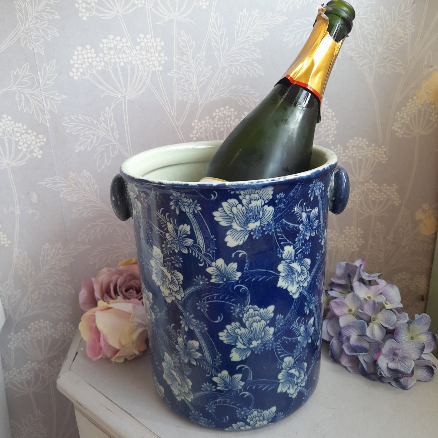 Vintage Blue & White Floral Ceramic Wine Cooler Champagne Bucket