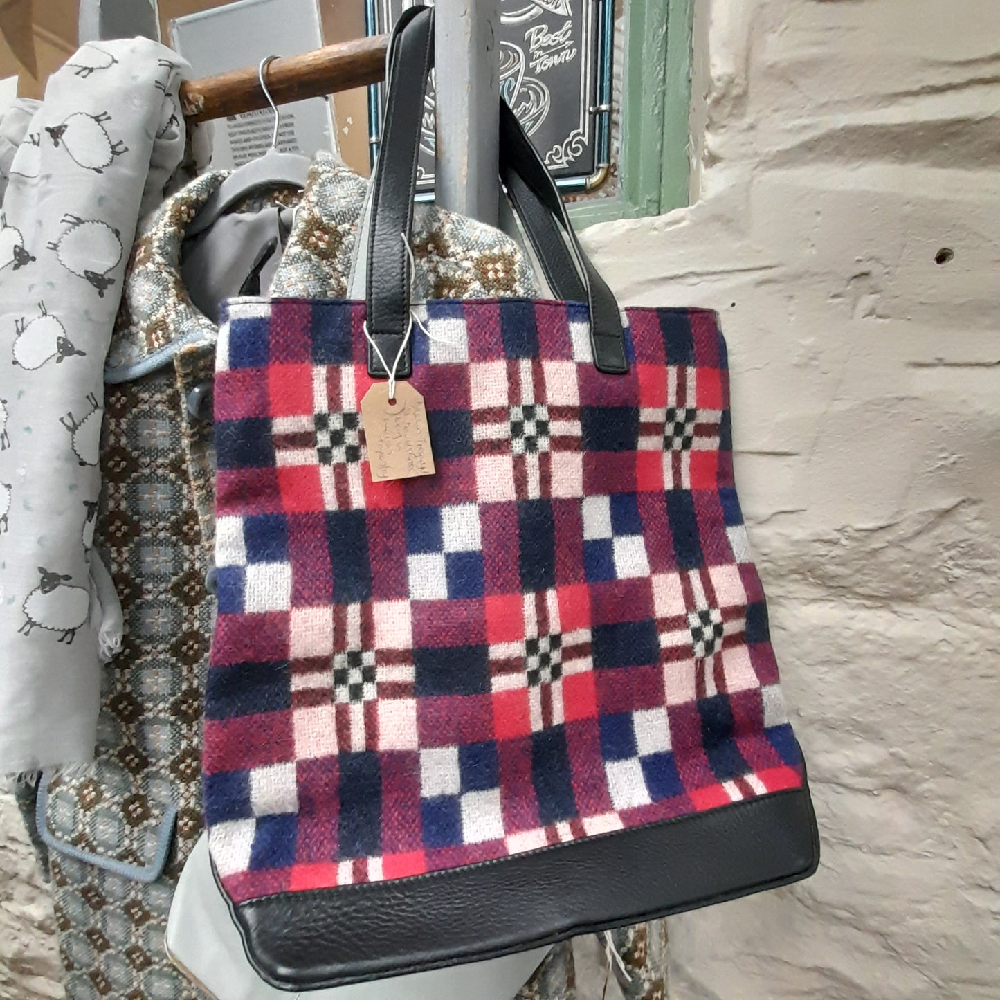 Welsh Tapestry Handbag by Melin Tregwynt in Navy Red & Off White St David's Cross Design
