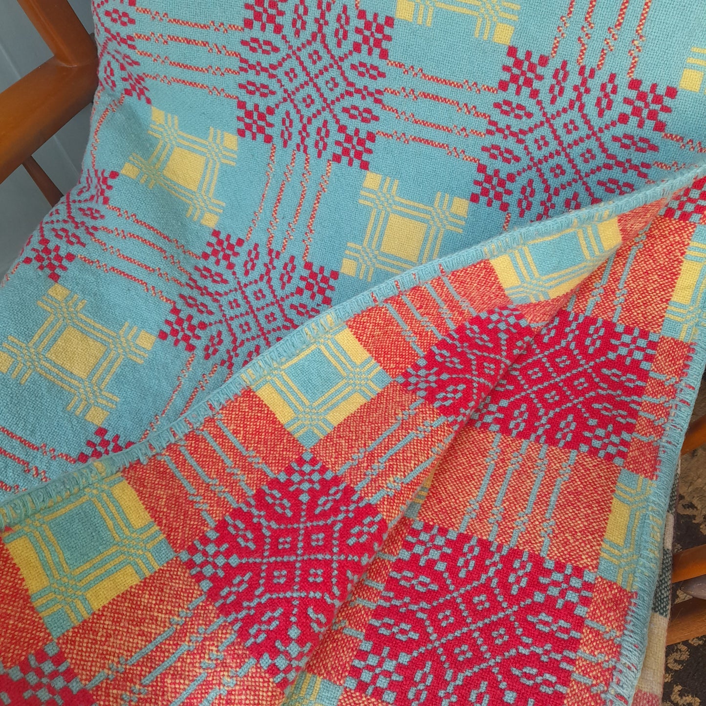 RARE Vintage Welsh Tapestry Blanket in Aqua, Raspberry Red & Daffodil Yellow by Gernos Mill