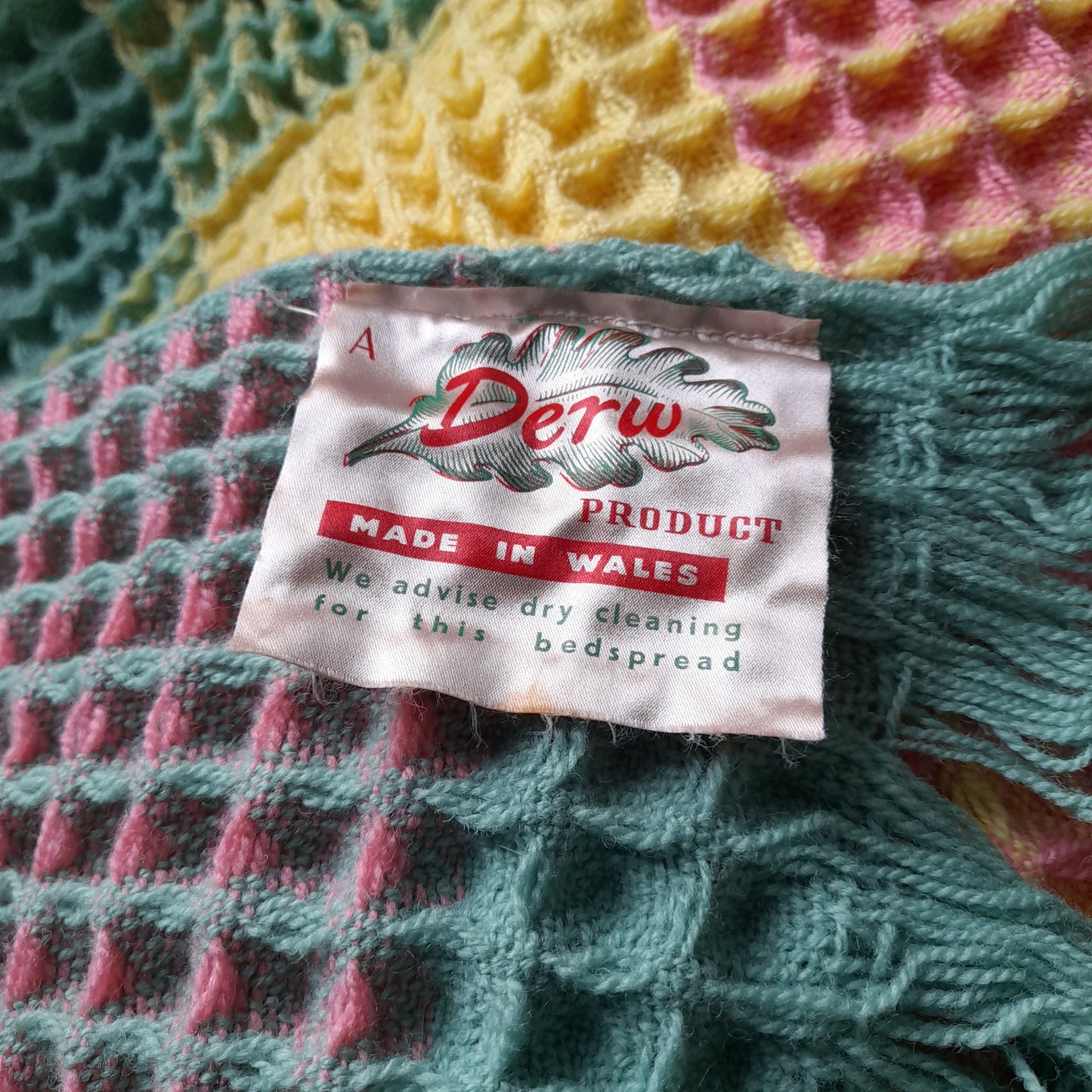 Vintage Welsh Wool Waffle Honeycomb Blanket in Rainbow Colours Pink Green Blue & Yellow by Derw Mill King Size