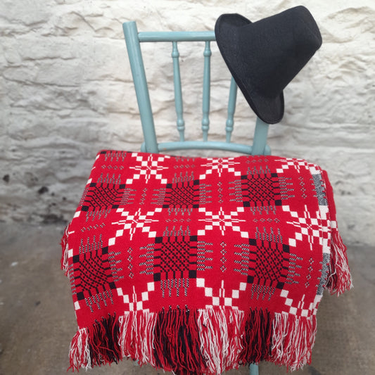 Vintage Welsh Tapestry Blanket in Red, Black & White by Cambrian Mills King Size