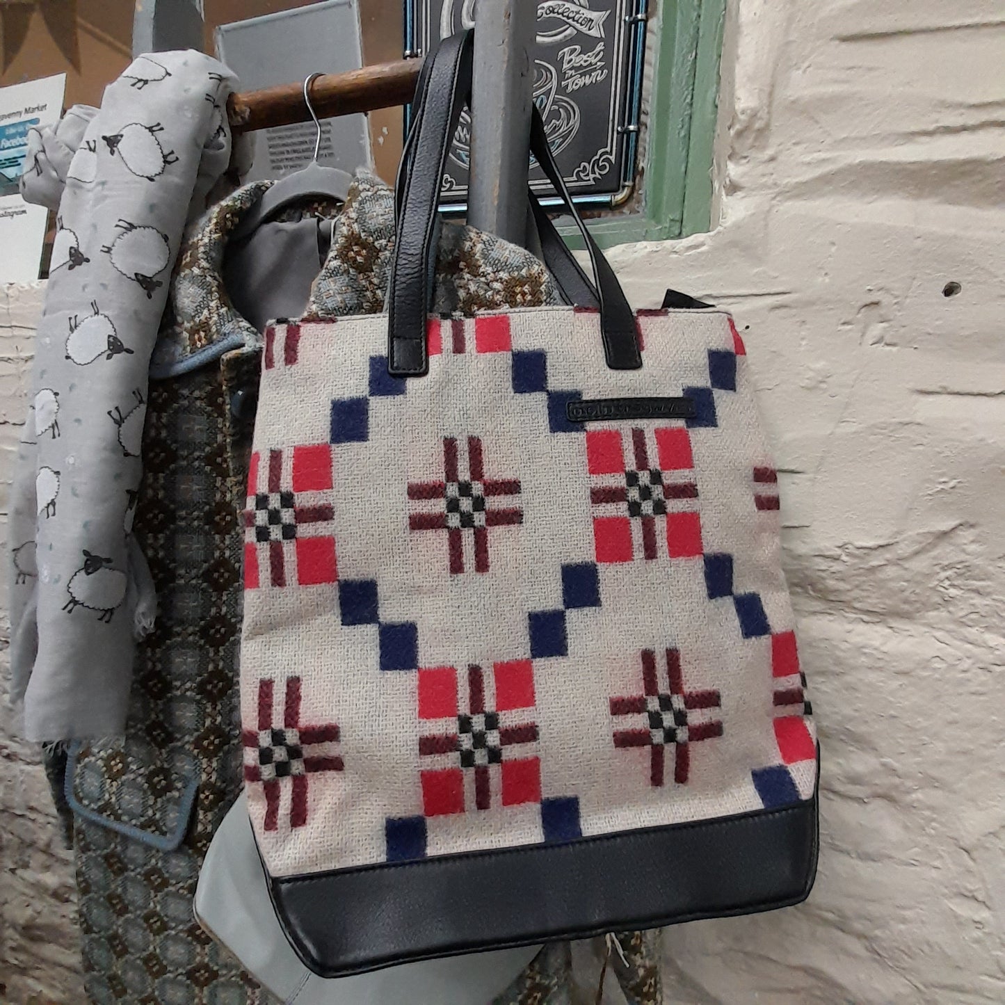 Welsh Tapestry Handbag by Melin Tregwynt in Navy Red & Off White St David's Cross Design