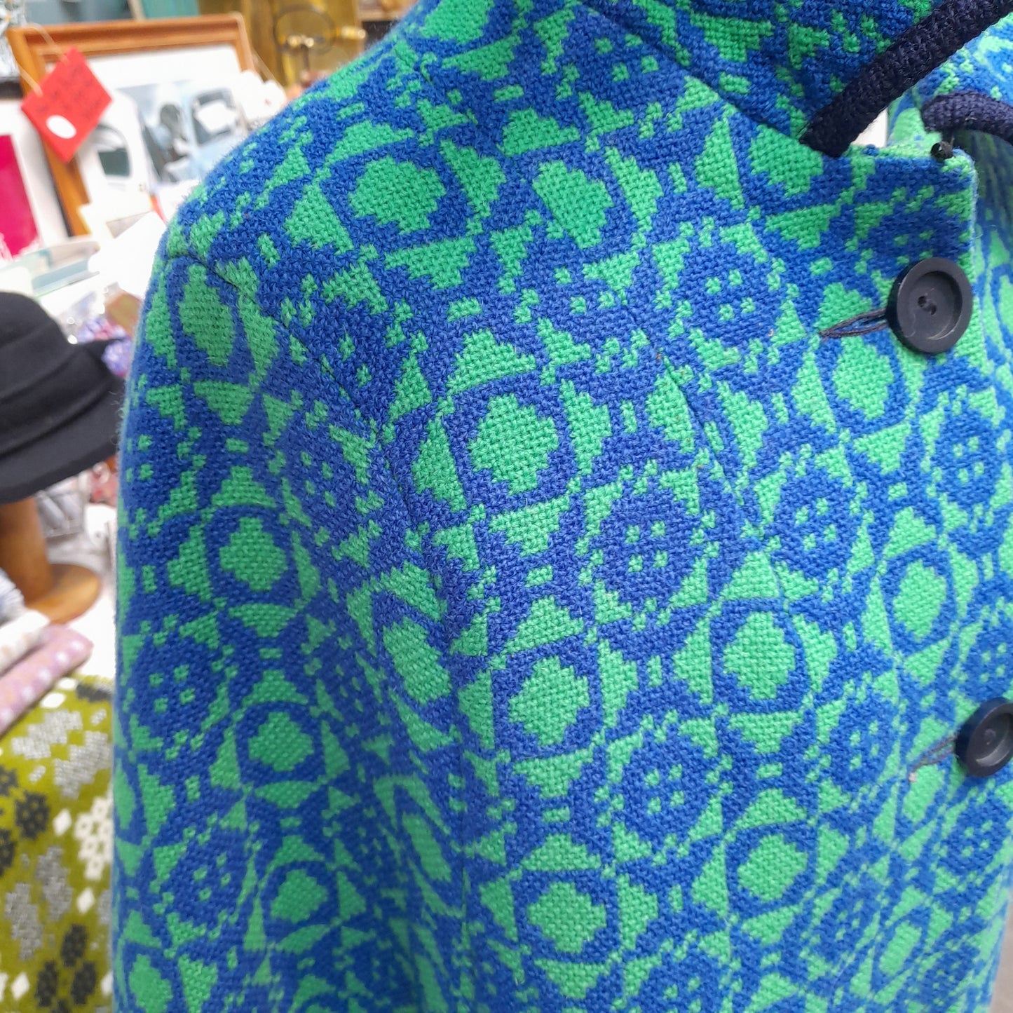 Vintage Welsh Tapestry Cape in Blue & Green Full Length