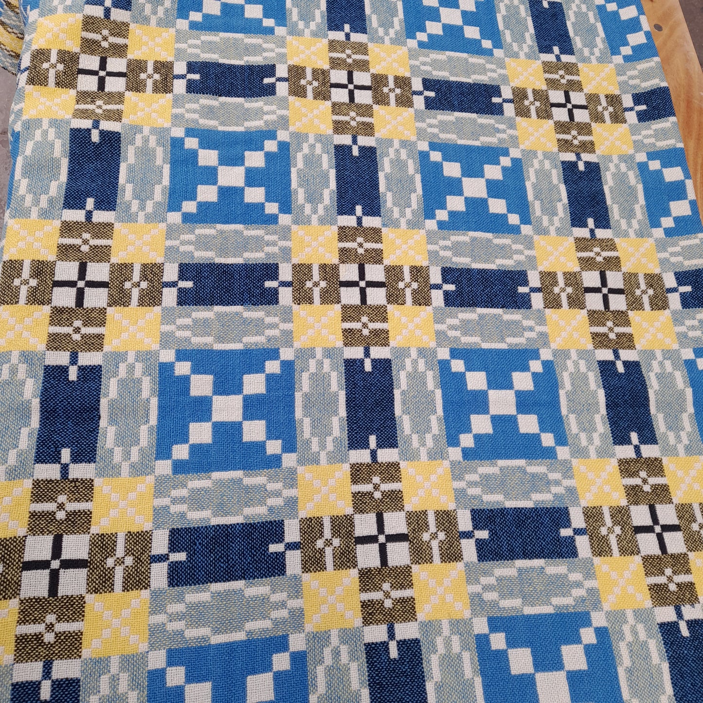 Vintage Welsh Tapestry Blanket in Blue, Black & Daffodil Yellow King Size
