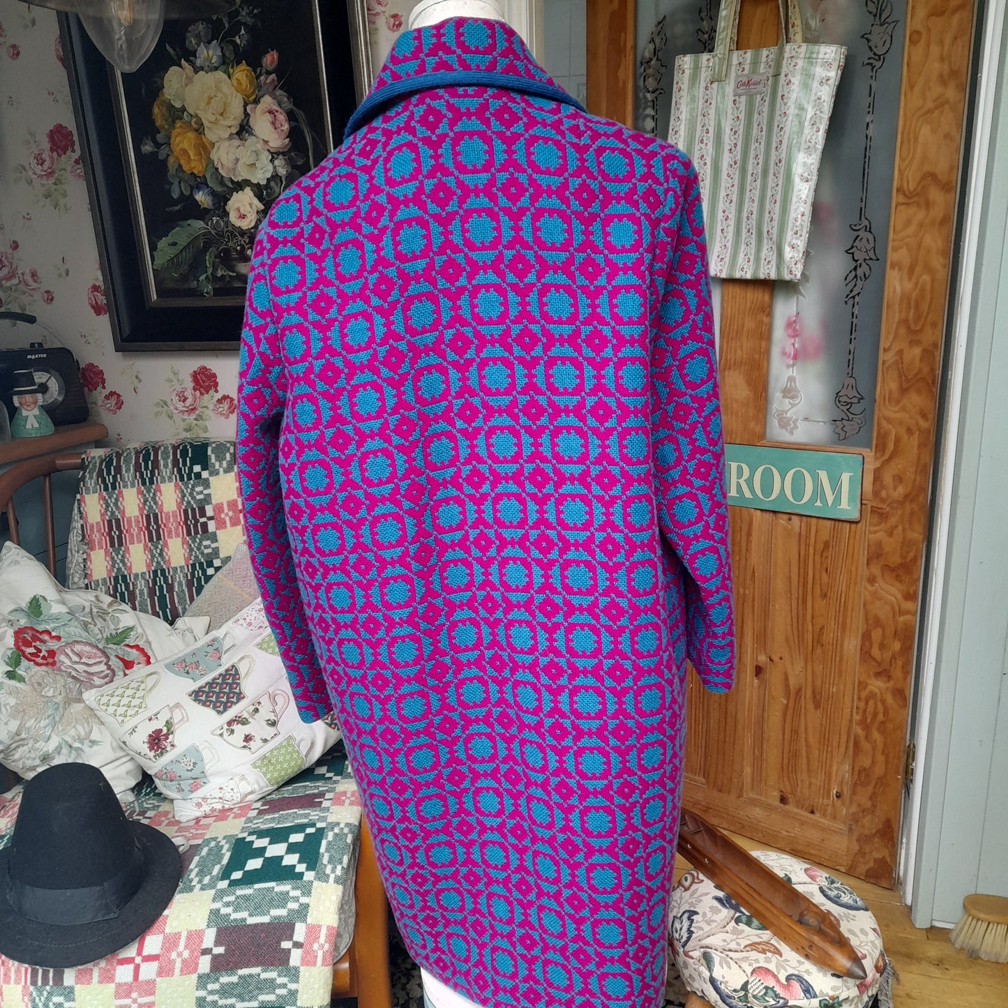 Vintage Welsh Tapestry Long Coat in Bright Pink & Turquoise
