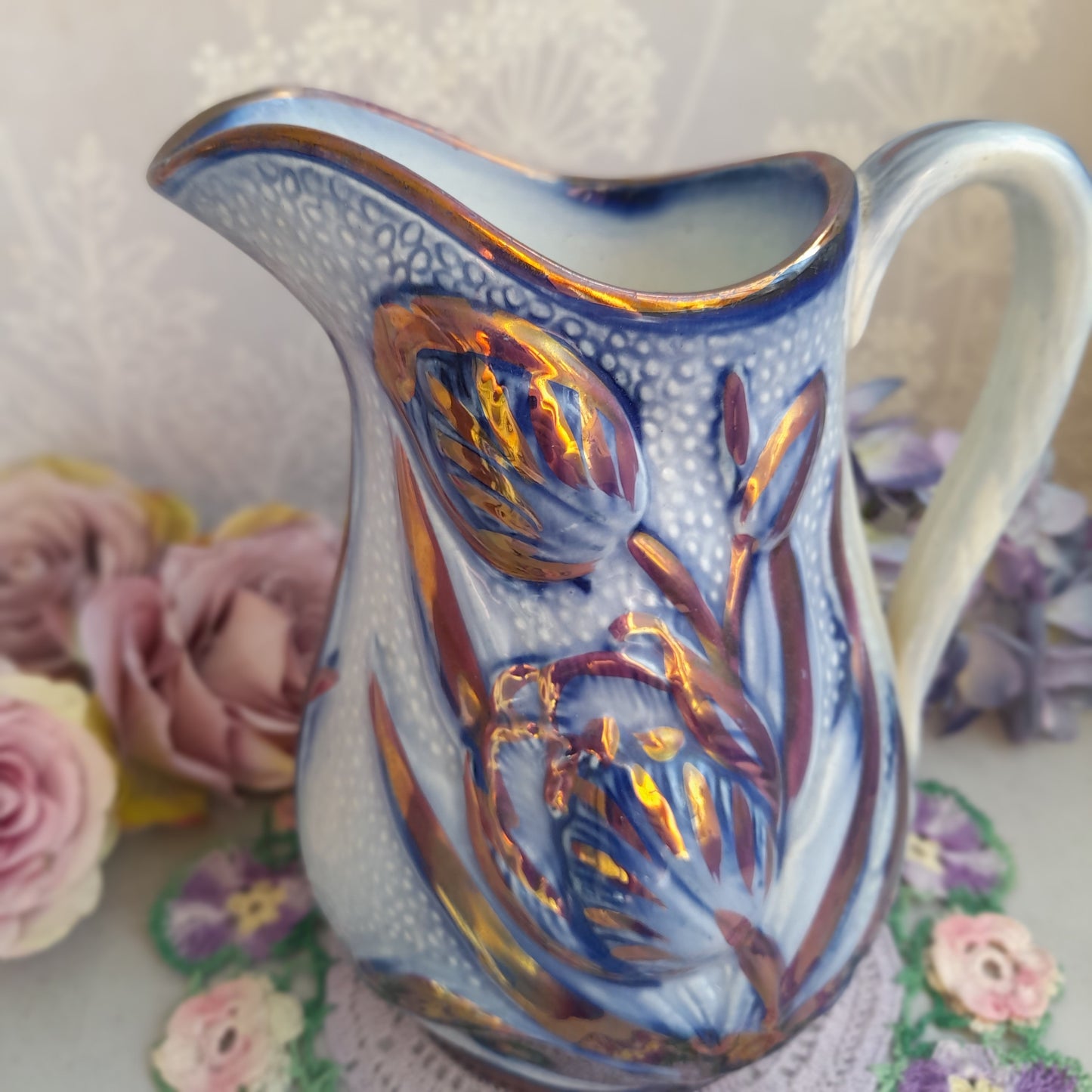 19thC James Dudson Antique Lusterware Blue & Gold Tulip Pitcher Jug
