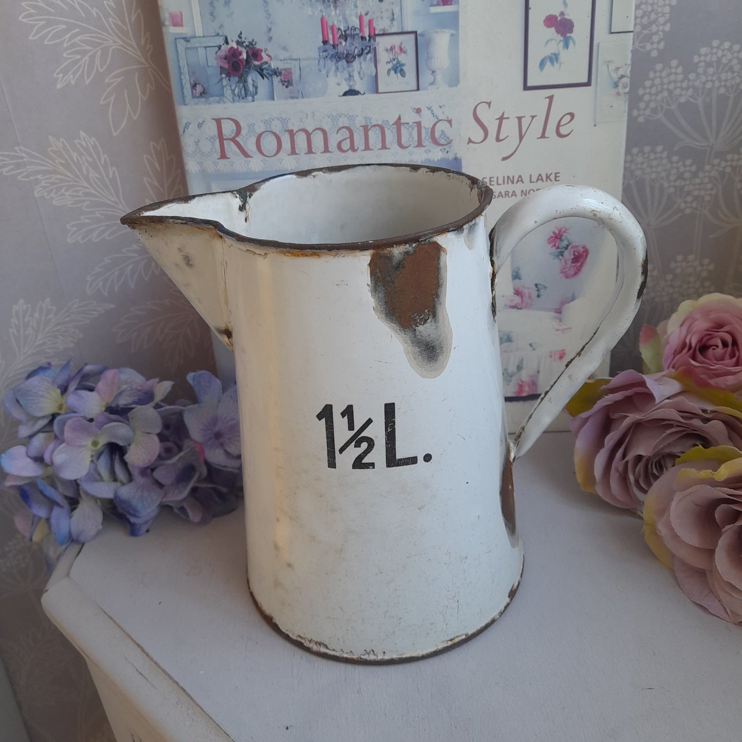 Antique White Enamel Measuring Jug: French Farmhouse Vase