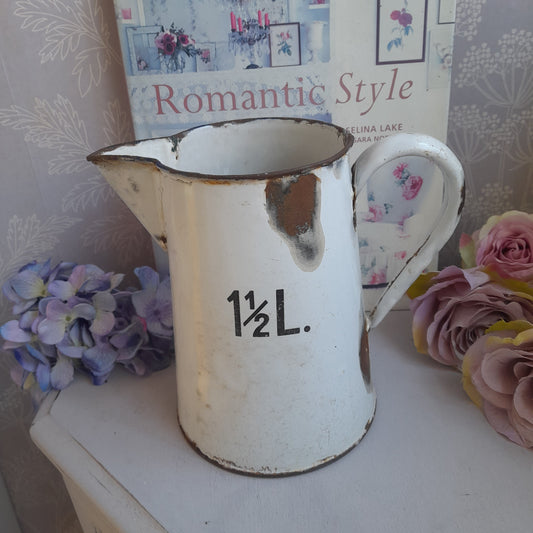 Antique White Enamel Measuring Jug: French Farmhouse Vase