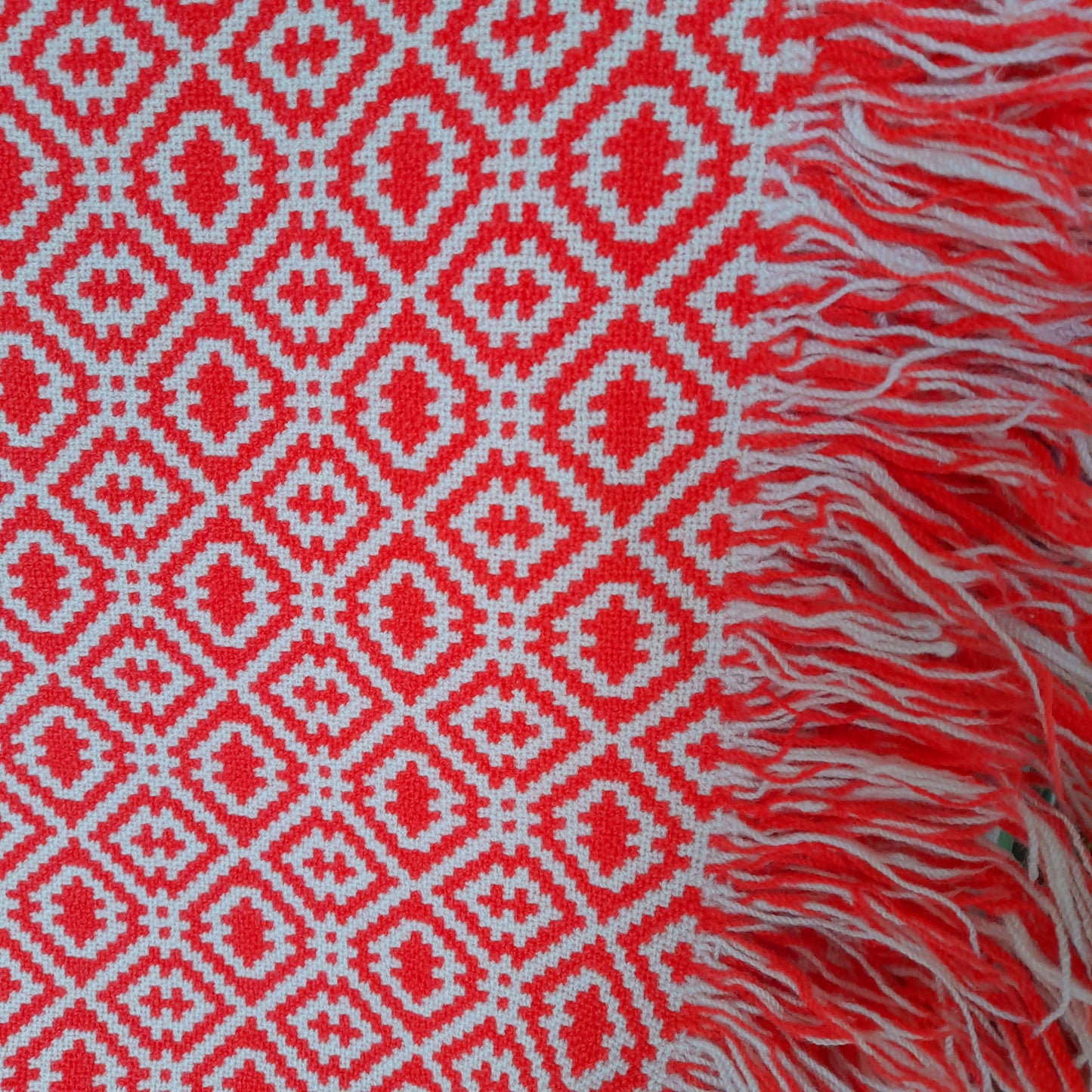 RARE Vintage Welsh Tapestry Blanket in Tomato Red & Cream by Rhydybont Mill