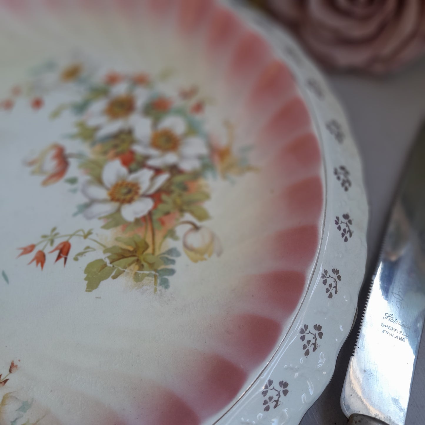 Large Antique Pink Floral Bread Plate With Scallop Edge Very Shabby Chic