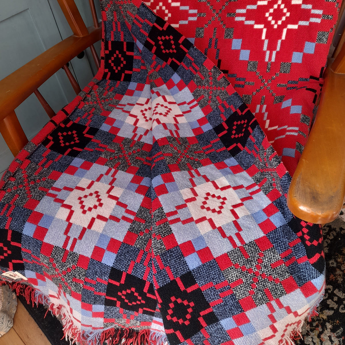 Vintage Welsh Tapestry Blanket in Raspberry Red, Black & White With A Pop of Sky Blue By Melin Tregwynt King Size