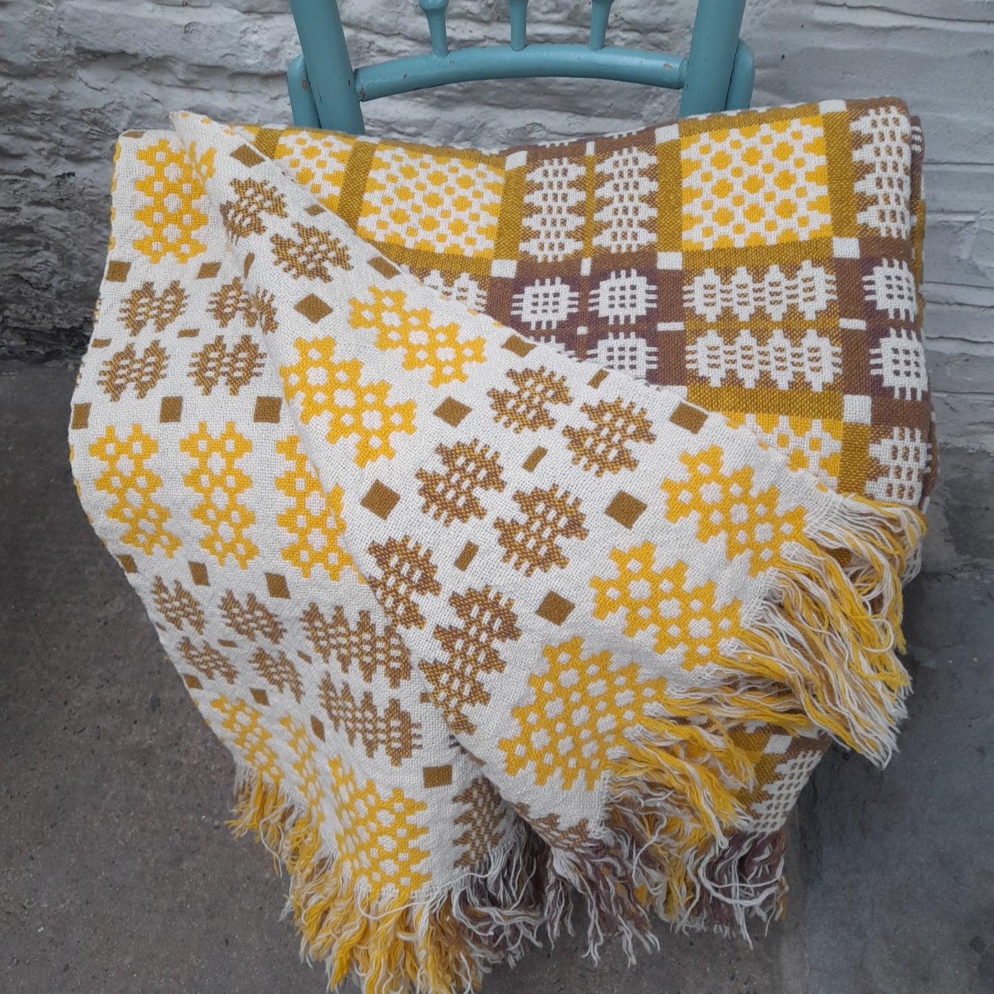 Vintage Welsh Tapestry Blanket in Daffodil Yellow, Brown on Cream King Size