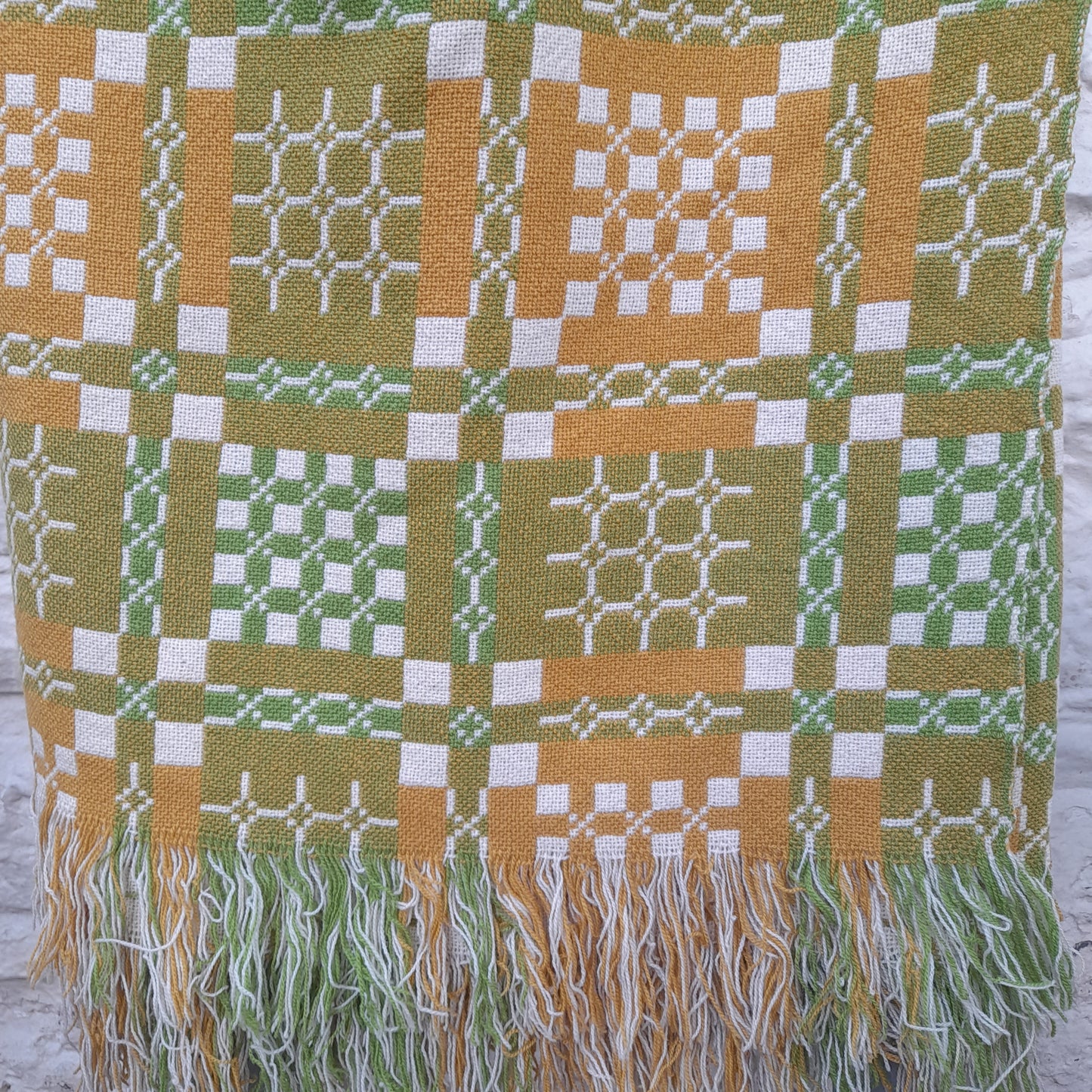 Vintage Welsh Tapestry Blanket in Mustard, Green & Cream by Elfed Woollen Mill King Size