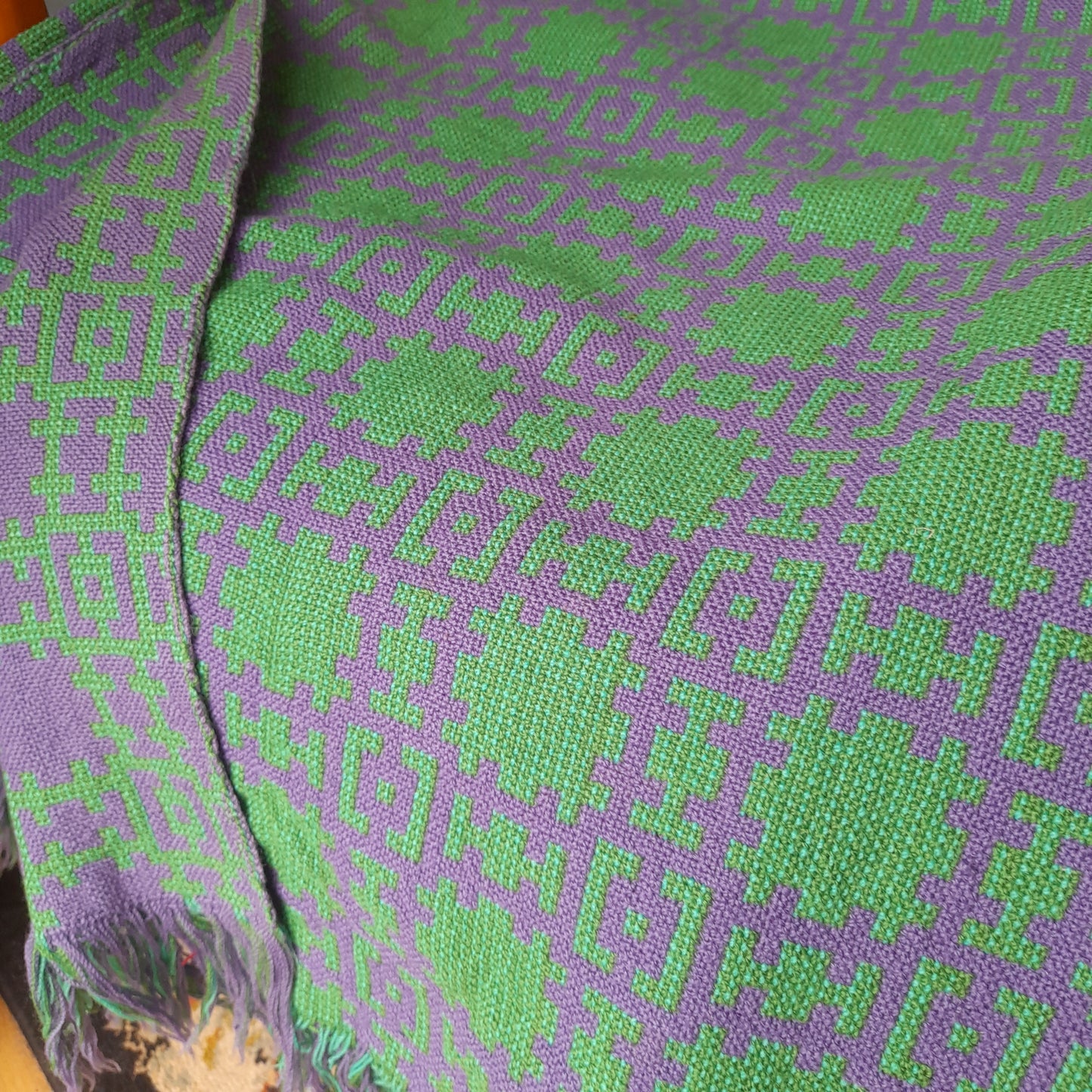 RARE Vintage Welsh Tapestry Blanket in Bright Green & Purple Woven by Arthur Morus Dolwerdd Mill