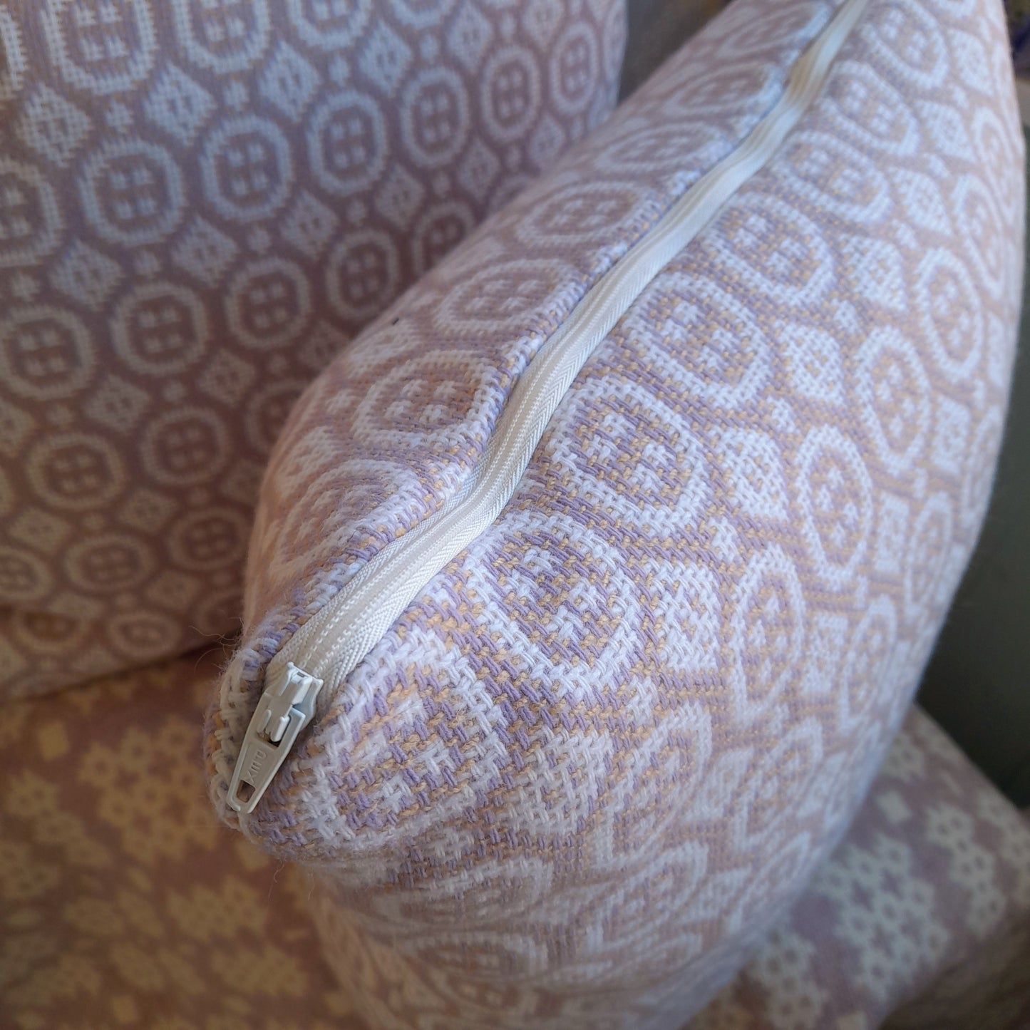 PAIR of Handmade Welsh Tapestry Cushions in Pale Lilac/Lavender & Off White/Cream 18"