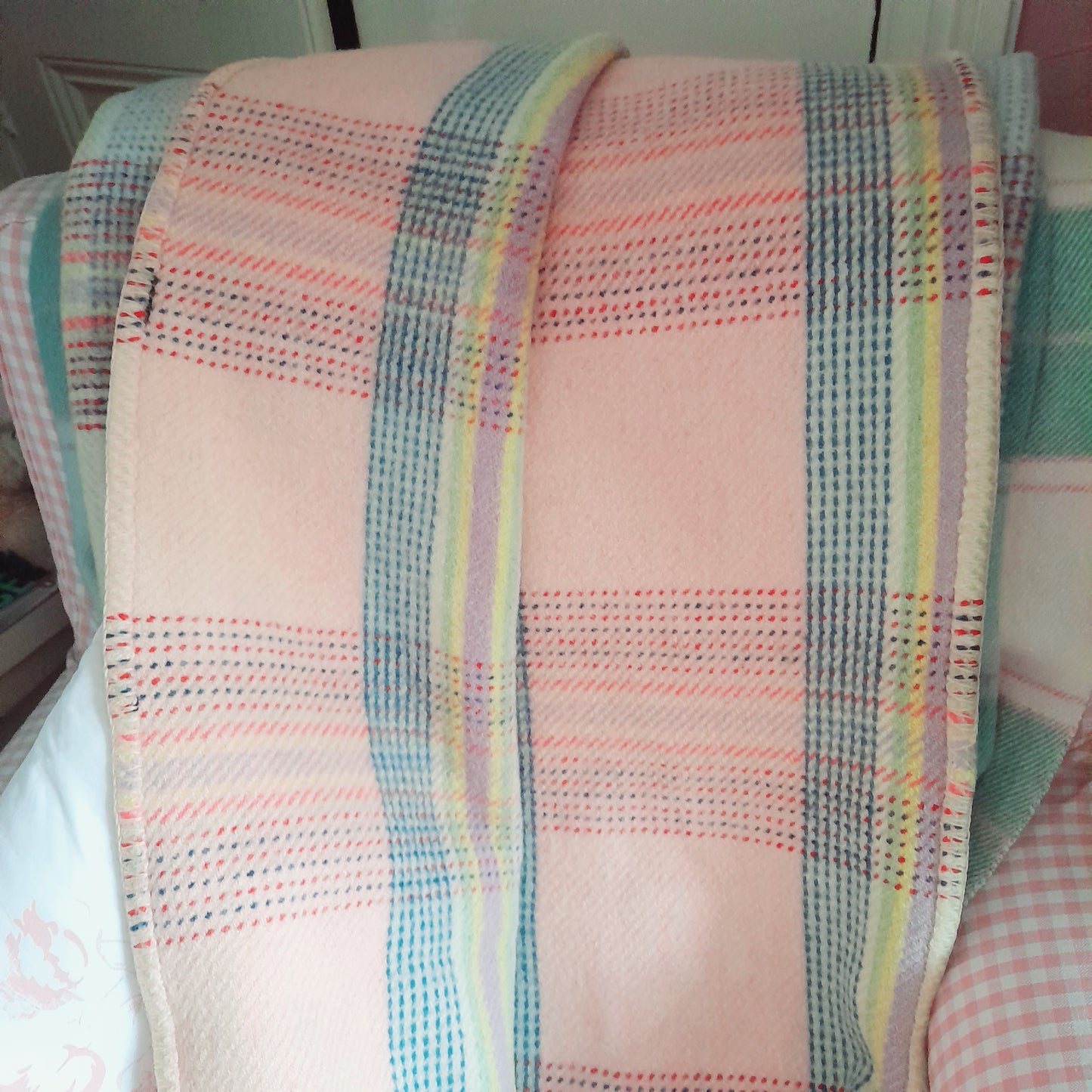 Vintage Welsh Blanket in Pretty Pastel Plaid Checks in Pink Lilac Blue & Pop of Red