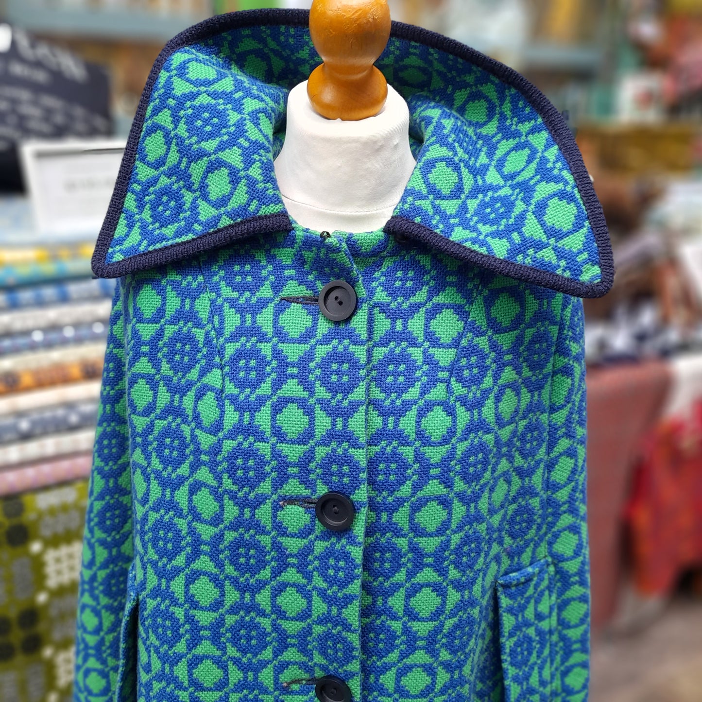 Vintage Welsh Tapestry Cape in Blue & Green Full Length