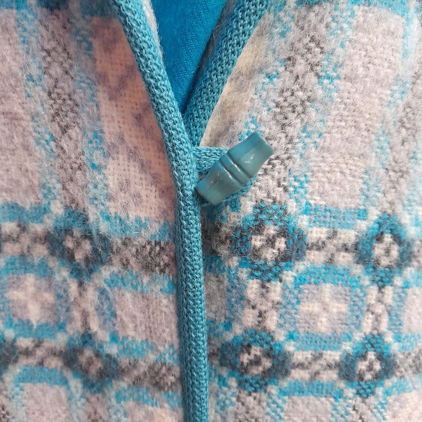 Vintage Welsh Tapestry Full Length Hooded Duffle Coat in Grey With Pop of Turquoise