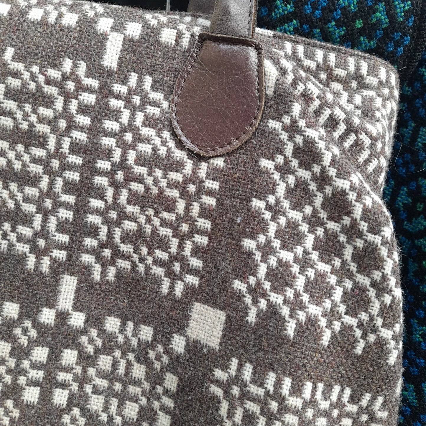 Welsh Tapestry & Leather Handbag in Brown & Cream 'Knot Garden' by Melin Tregwynt