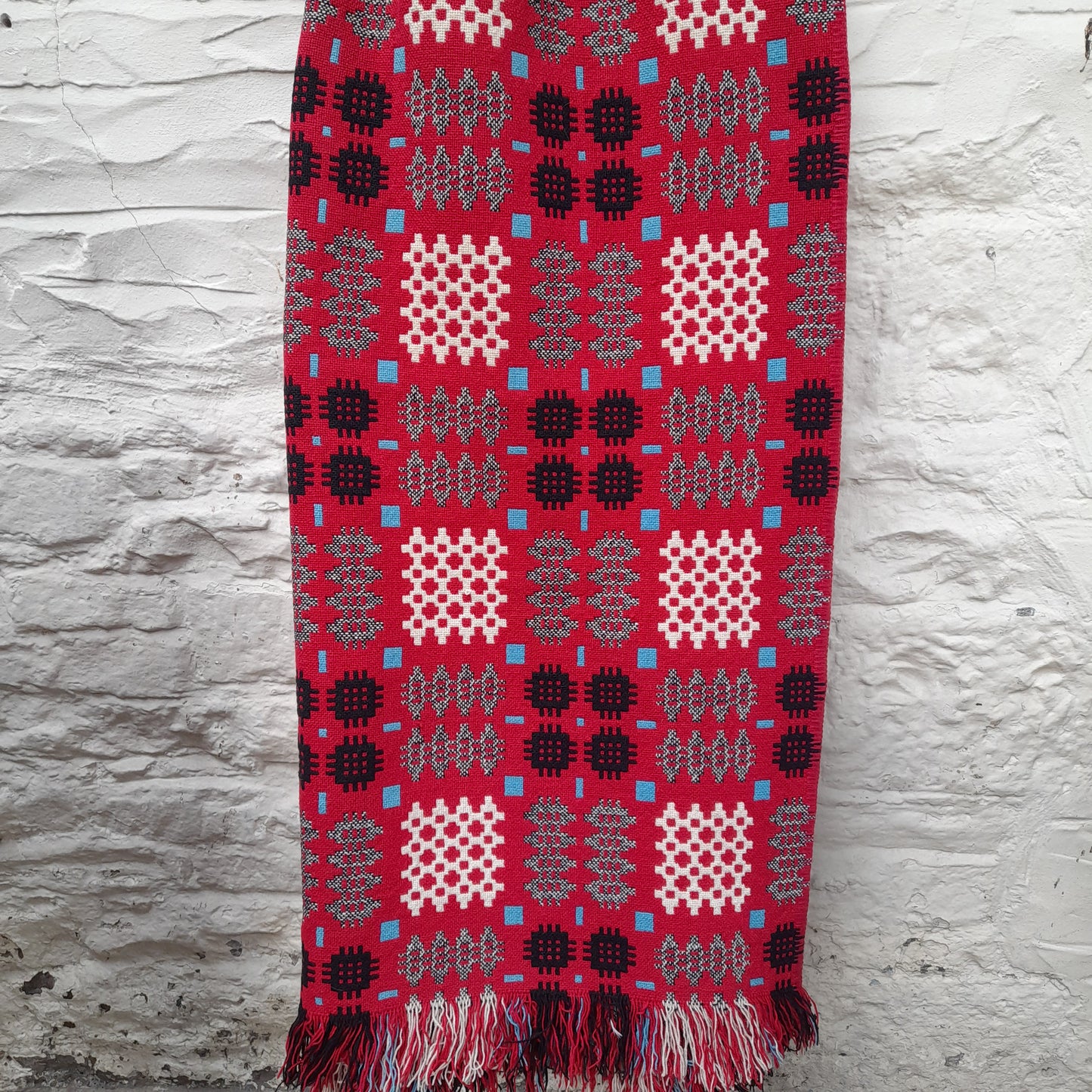 Vintage Welsh Wool Tapestry Blanket in Raspberry Red With a Pop of Blue King Size