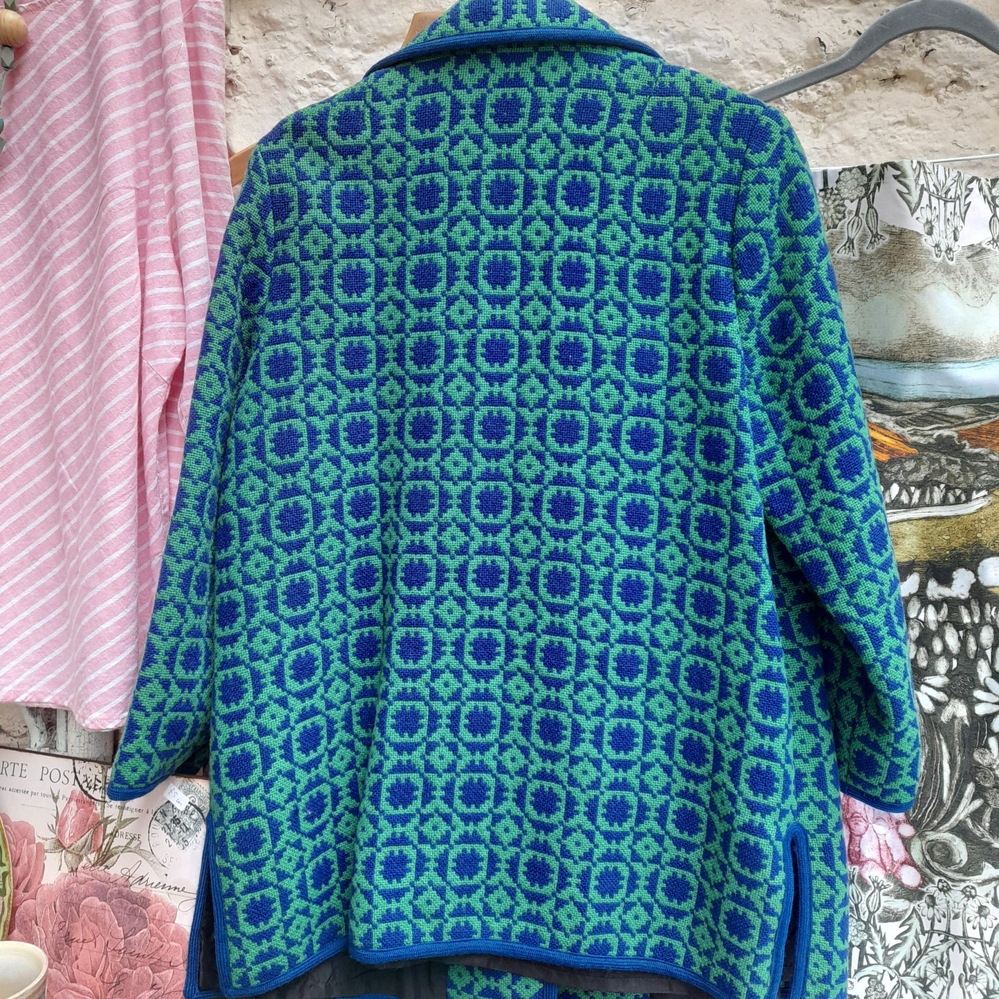 Vintage Welsh Tapestry Coat in Emerald Green & Cobalt Blue 16/18