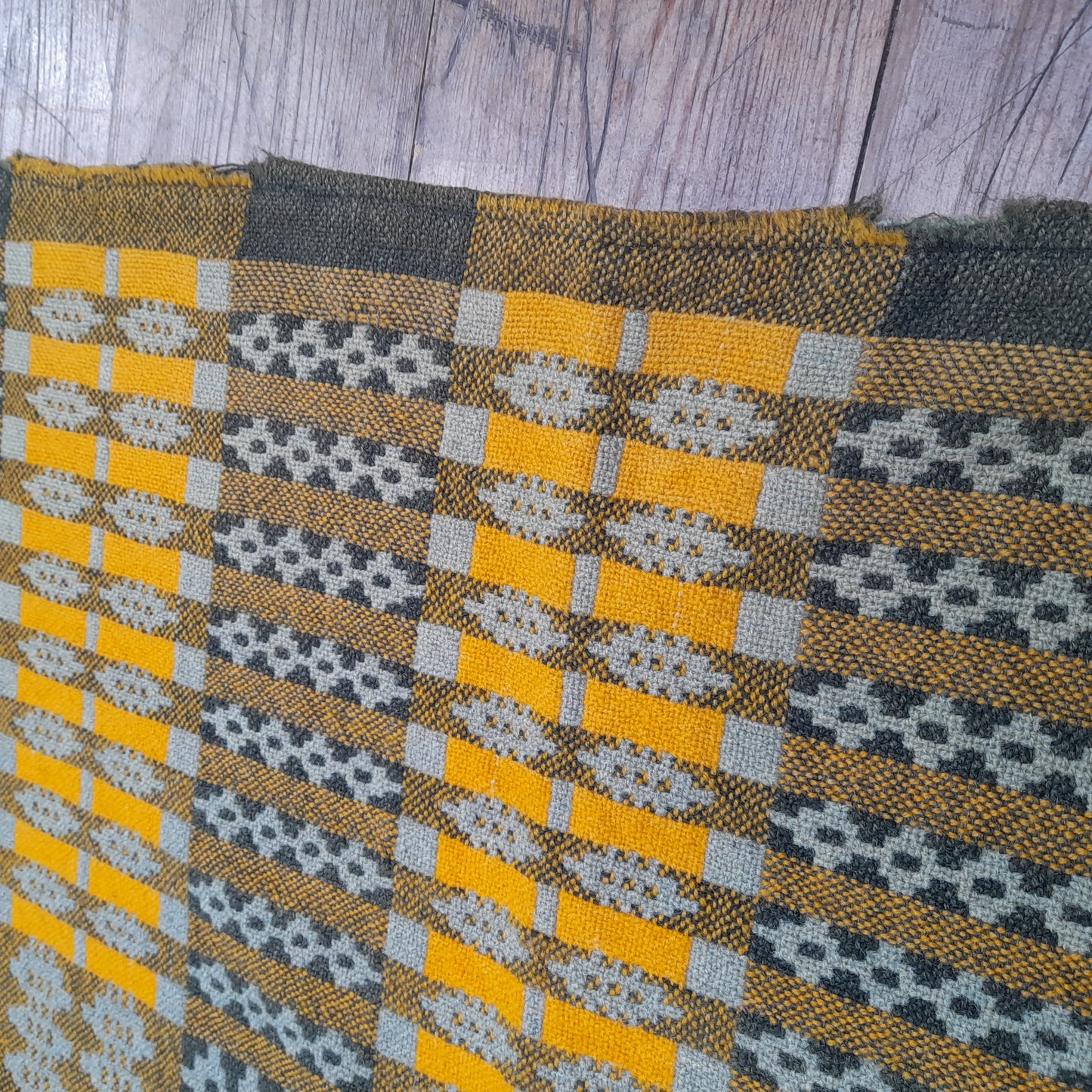 Antique Handmade Welsh Wool Tapestry Blanket in Sage Green & Orange