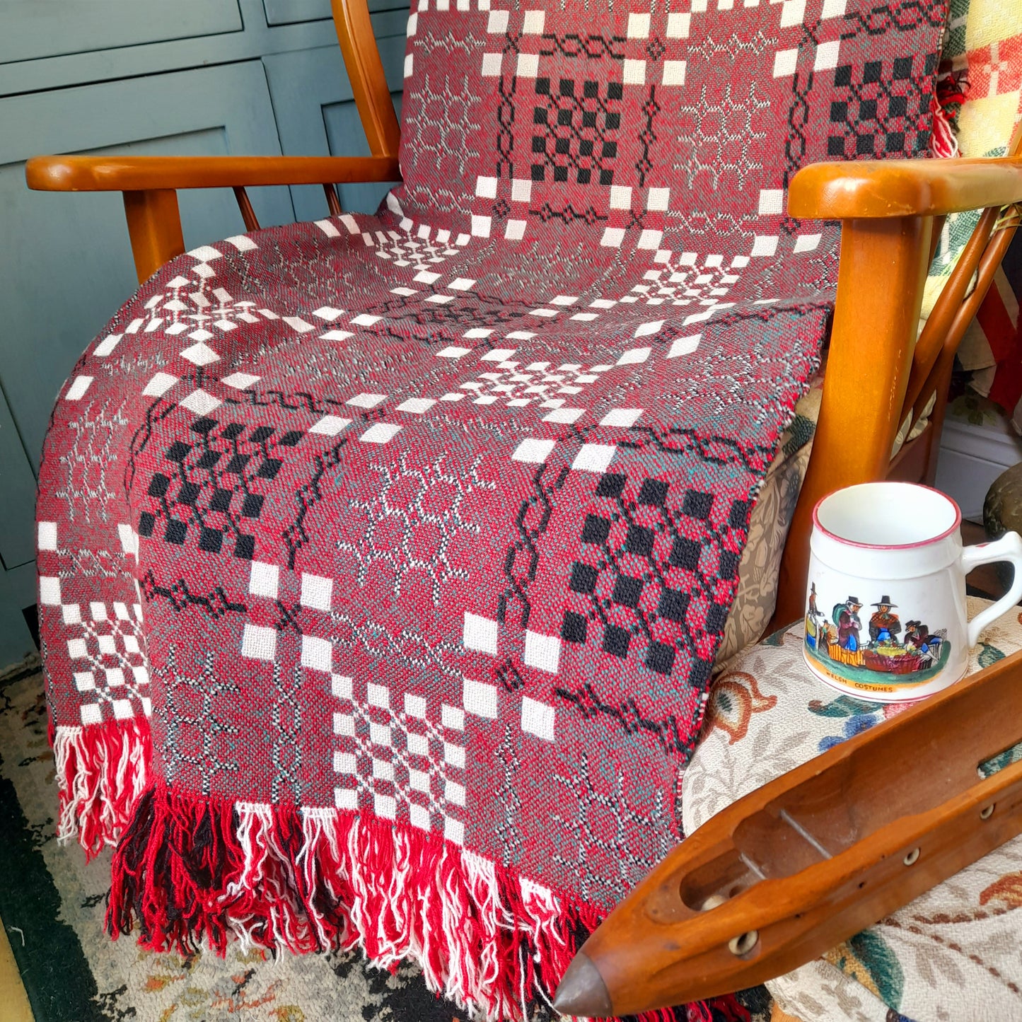 Vintage Welsh Tapestry Blanket in Red Green Black & White by Elvet Woollen Mill