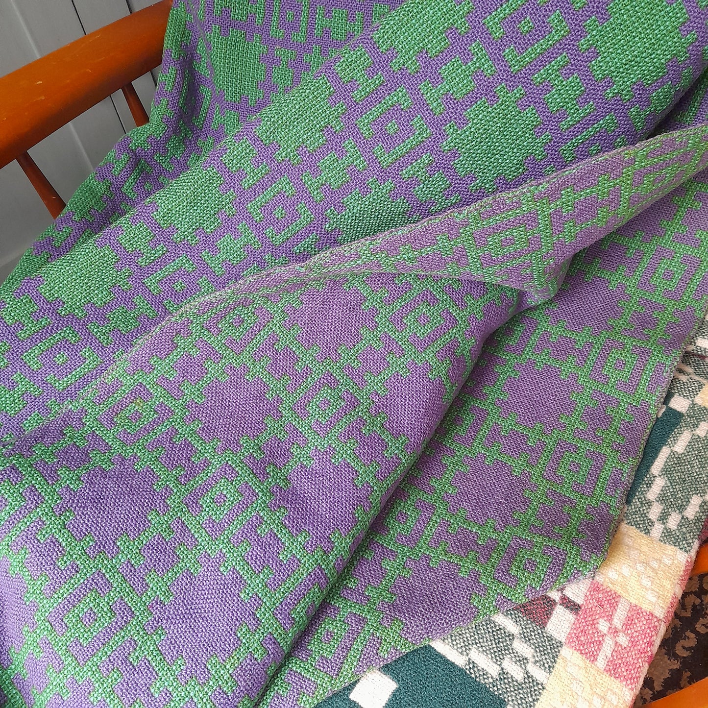 RARE Vintage Welsh Tapestry Blanket in Bright Green & Purple Woven by Arthur Morus Dolwerdd Mill