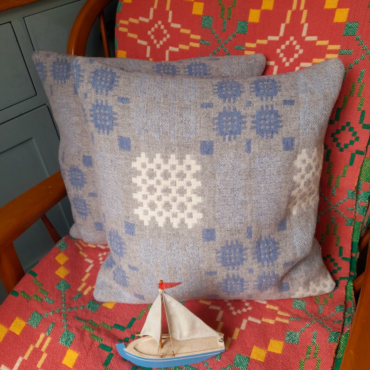 Pair of Welsh Tapestry Blanket Cushions in Pale Blue Grey & White Limited Edition 18"