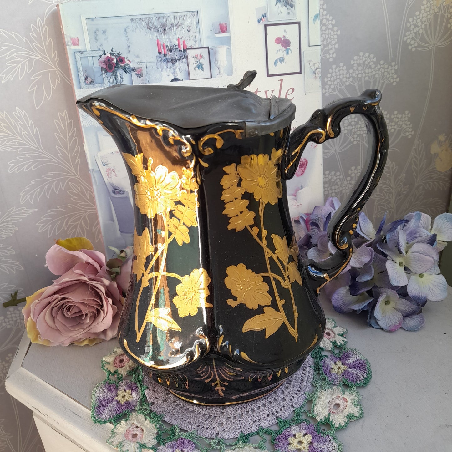 Antique Jackfield Black & Gold Water Jug With Pewter Lid