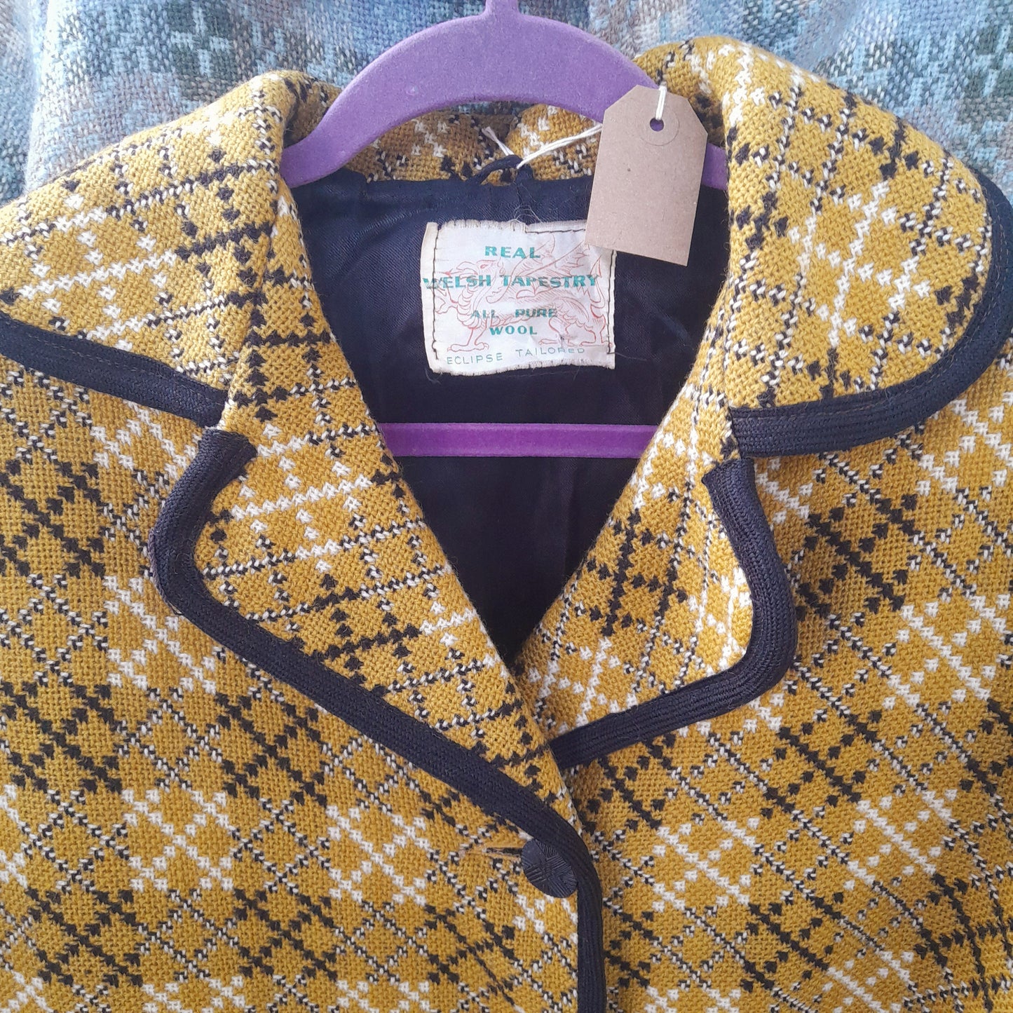 Vintage Welsh Tapestry Pea Coat in Mustard & Black Size 16/18